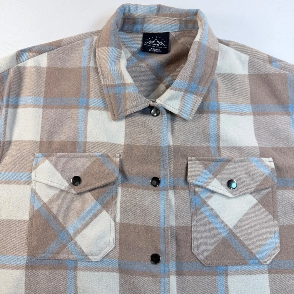HFX Shacket Jacket Mens XXL Beige Blue Plaid Snap Front Wool Blend Overshirt